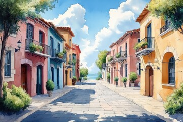 Obraz premium Mediterranean Street with Colorful Buildings and Church in Scenic Town