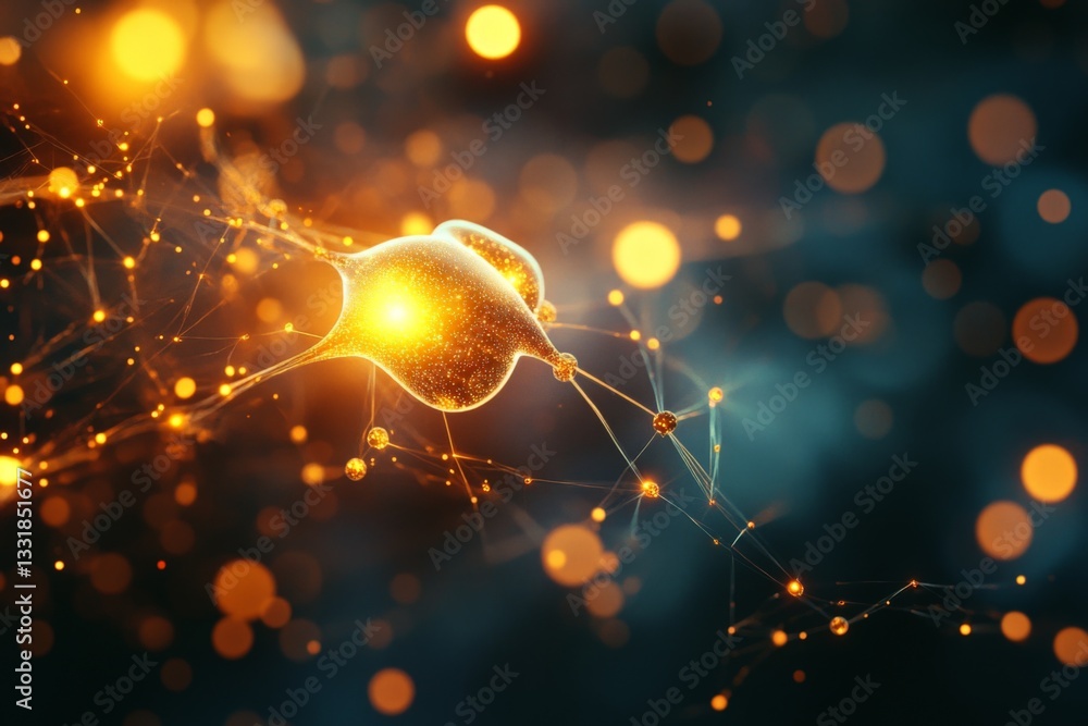 Poster Dynamic neural connections illuminated by glowing particles in a digital abstract representation