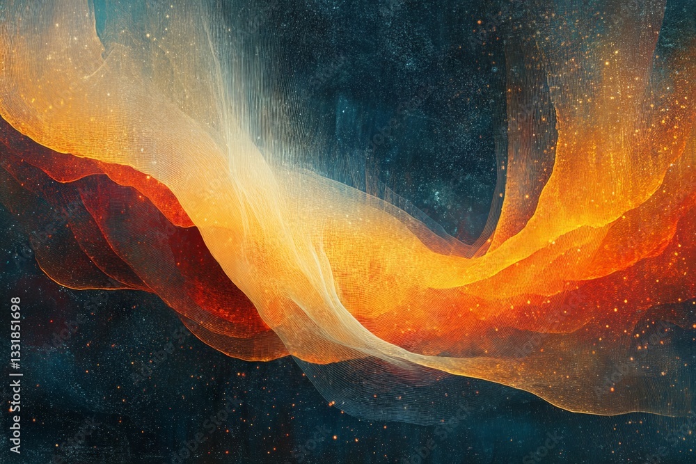 Poster vibrant abstract swirl of orange and yellow hues against a dark cosmic background reflecting dynamic