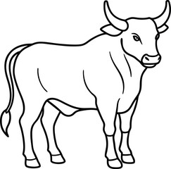 Simple line art drawing of a bull with large curved horns and a strong stance, ideal for cattle farming graphics, printable animal sheets, and ranch branding.
