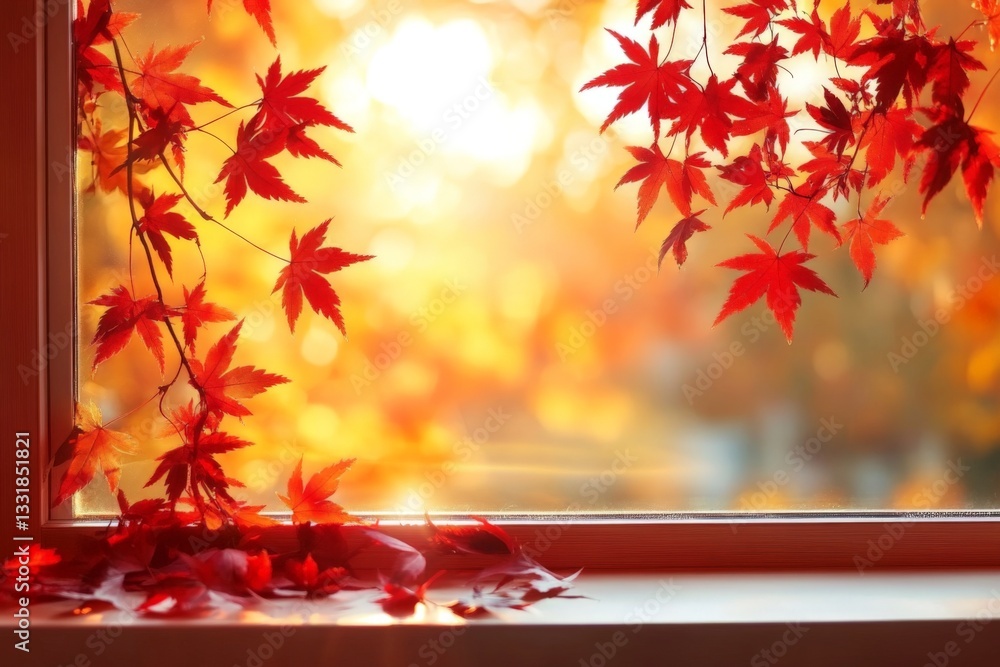 Poster vibrant autumn leaves framing a sunlit window creating a cozy atmosphere in an afternoon setting