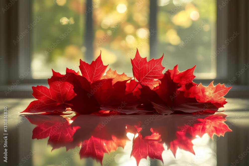 Poster vibrant red maple leaves reflecting on a surface with soft light streaming through a window in autum