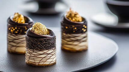 Three small desserts on a black plate. the desserts are round and cylindrical in shape, with a dark chocolate base and white chocolate drizzled on top.