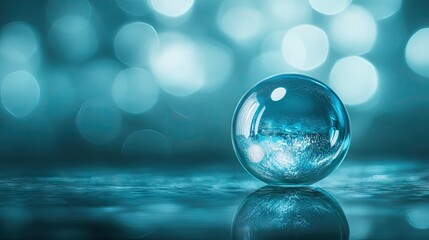 A suspended droplet of water reflecting an entire distorted landscape.