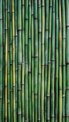 Fototapeta premium Vibrant Green Bamboo Stalks Wall Background, Natural Texture Pattern, Vertical Composition.
