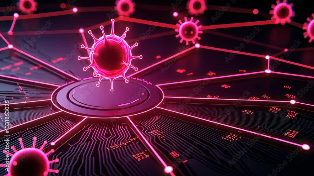 Poster glowing red virus symbol on digital circuit board cybersecurity threats and digital infections in te