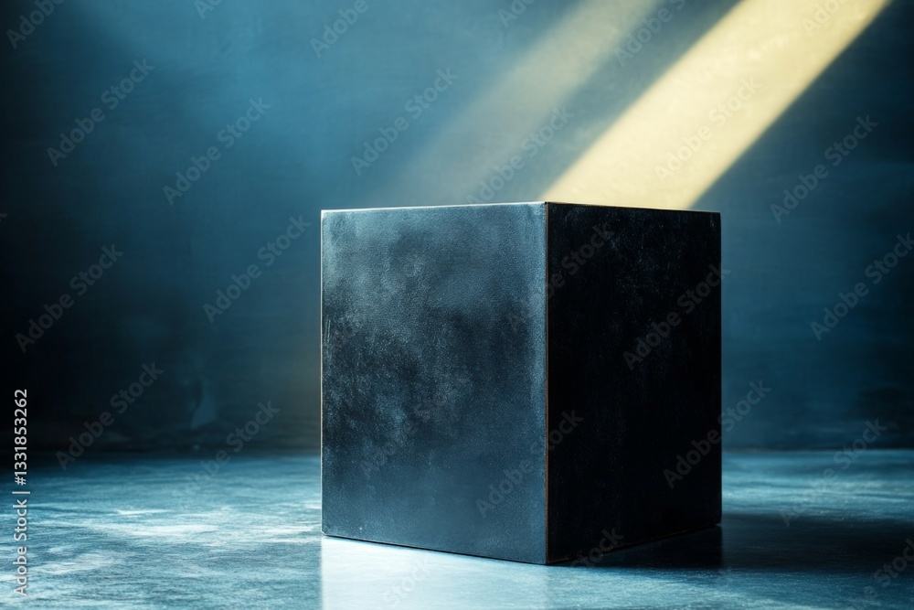 Aufkleber mysterious black cube illuminated by a beam of light in a darkened room at dusk