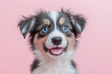 Fototapeta premium Cute Australian Shepherd Puppy with Blue Eyes Fluffy Coat on Pink Background