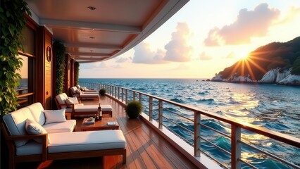 Luxury Yacht Deck Sunset Cruise Serene Ocean View with Comfortable Seating and Refreshments