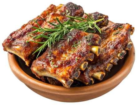 Delicious garlic butter basted ribs served on wooden plate, garnished with fresh herbs, showcasing crispy texture and rich flavor. Perfect for meat lovers