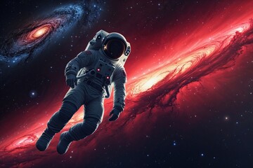 Astronaut Gliding Through a Cosmic Wonderland with a Fantastic Galaxy and Fiery Red Nebula