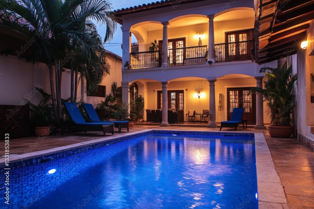 Poster relaxing evening by the illuminated pool in a tranquil courtyard of a tropical villa in a picturesqu