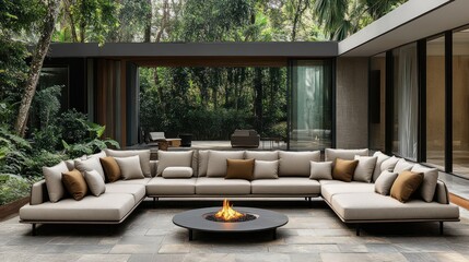 Fototapeta premium Modern outdoor sectional sofa set, fire pit, and tropical backyard. 