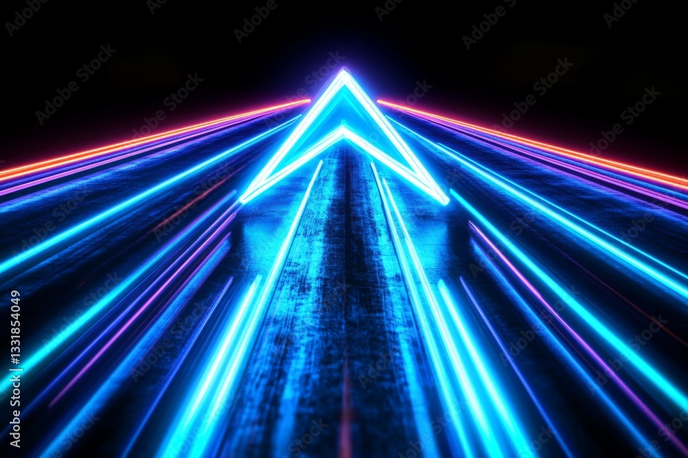 Poster vibrant neon lights create a dynamic arrow pattern on a dark surface at night, highlighting modern a