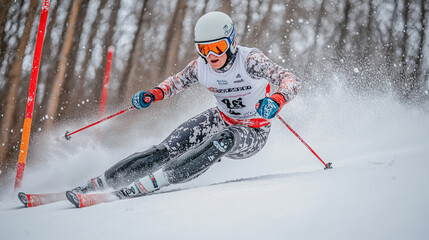 Competitive skier races down the slope in a snowy landscape surrounded by trees during a winter sports event