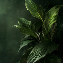 Leaves of Spathiphyllum cannifolium, abstract green texture, nature dark tone background, tropical leaf.
