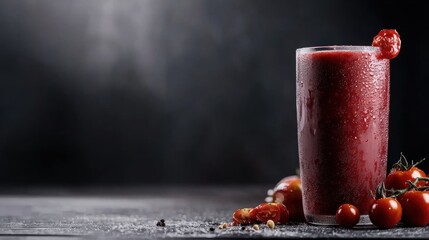 Close-up of a tall glass filled with a red-colored drink. the drink appears to be a smoothie or a cocktail, as there are small pieces of cherry tomatoes scattered around the glass.