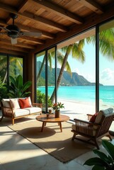 Tropical Beachfront Relaxation Sun-drenched coastal living room with ocean view, wooden furniture, and natural textures
