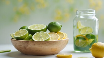 Fresh limes and lemon slices in a wooden bowl with a glass jar of lime juice in background