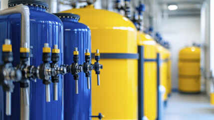 Industrial water purification tanks in blue and yellow colors