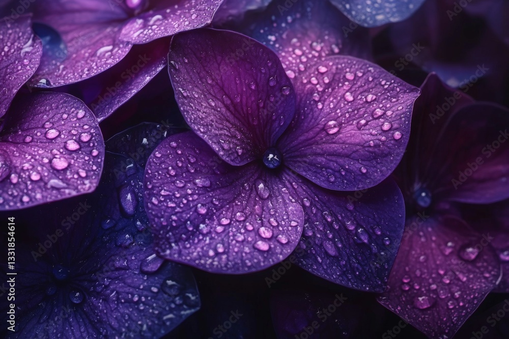 Poster delicate purple flowers adorned with raindrops create a stunning natural display in a tranquil setti