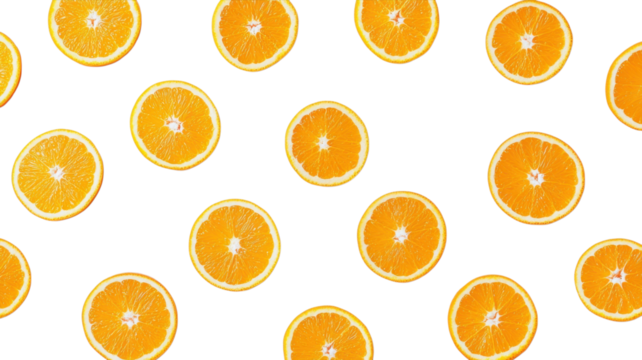 Freshly sliced orange rounds arranged in a repeating pattern on a white backdrop creating a vibrant visual appeal for culinary design