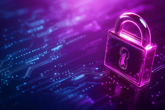 Cyber security concept with a padlock on violet background. 3d padlock against a vibrant purple background, symbolizing security and protection for data or personal information - Powered by Adobe