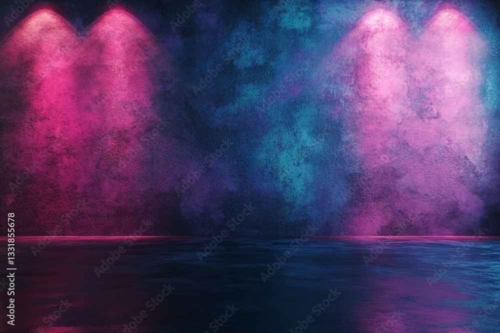 Poster colorful lights illuminate a textured wall in a dark space creating a vibrant atmosphere for an even