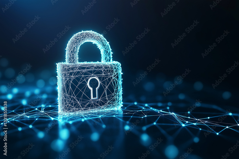 Poster cyber security concept. lock symbol from lines and triangles, point connecting network on blue backg