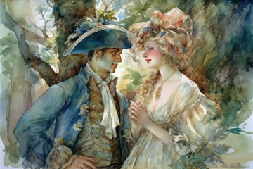 romantic scene between a man and a woman in 18th century style. 