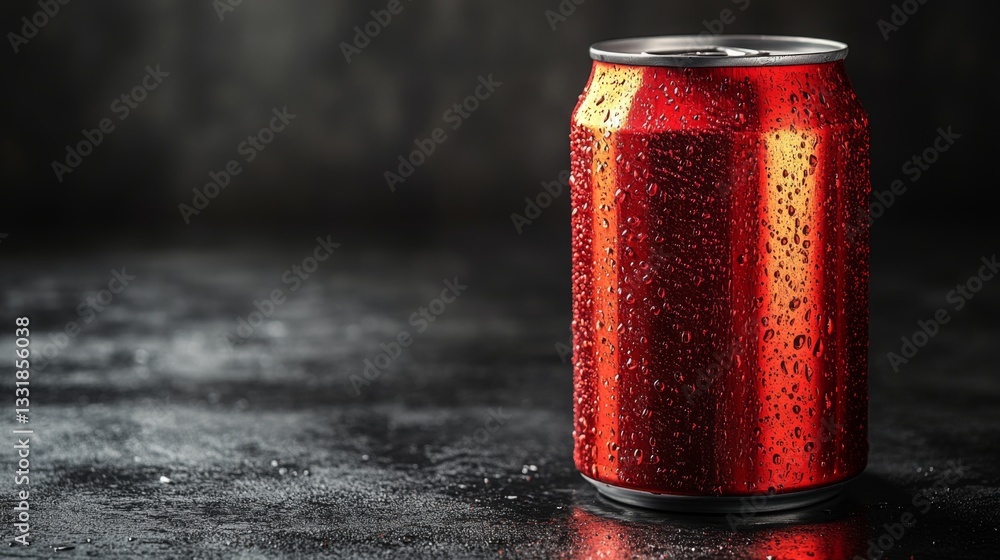 Aufkleber a can of a carbonated drink sits on a reflective surface, glistening with droplets of condensation. 