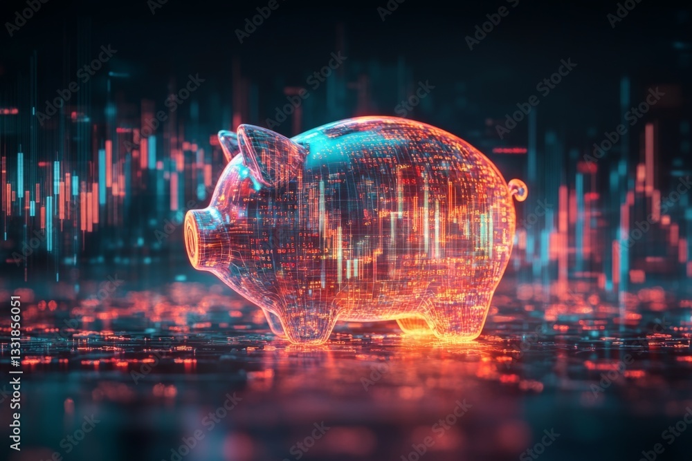 Aufkleber Digital piggy bank illuminated by neon lights surrounded by abstract financial data visualizations