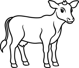 Obraz premium Simple line art drawing of a calf with small horns and a swishing tail, ideal for printable farm animal sheets, rural branding, and agricultural education. 