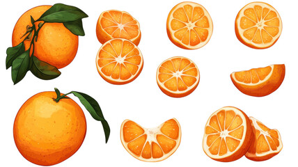 Fresh oranges and their segments displayed in a vibrant layout showcasing the fruit's juicy texture and color