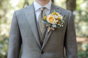 Elegant groom wearing a stylish gray suit with a yellow floral boutonniere in a lush outdoor setting