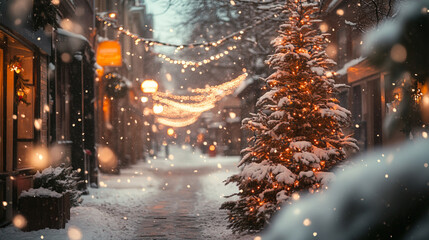 Magical snowy christmas street scene with festive lights and decorated tree joy cozy city warm town