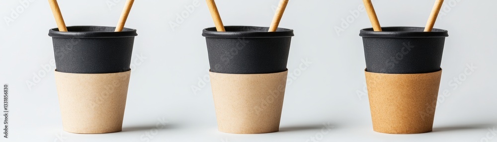 Poster three unique coffee cups with wooden handles displayed together showcasing a blend of style and func