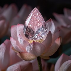 top view of a pear shape diamond placed on a lotus bud, surrounded by others many lotus bud in background, pink hue.The petal texture is clear, the colors are bright.