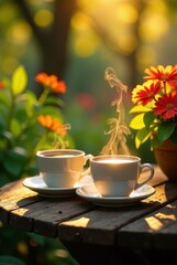Warm Morning Sunlight Illuminates Two Steaming Cups of Coffee on Rustic Wooden Table Surrounded by Vibrant Orange Flowers