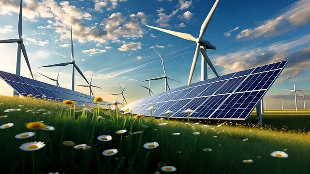 Renewable Energy Farm with Solar Panels and Wind Turbines Generating Sustainable Power in a Green Landscape

