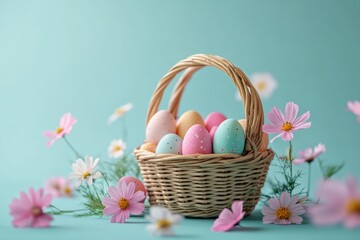 Fototapeta premium Colorful Easter eggs in a wicker basket surrounded by flowers on a light turquoise background