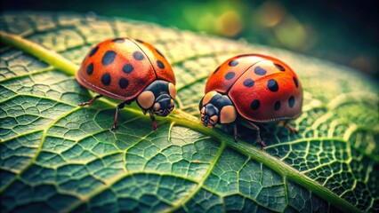 Fototapeta premium Vintage Style Macro Photography of Ladybugs on Leaf in Opposing Axis - Nature's Tiny Wonders