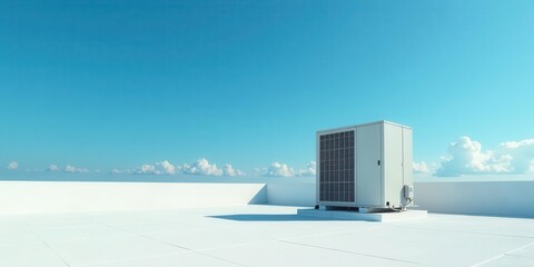 White rooftop HVAC unit against a vibrant blue sky with fluffy clouds