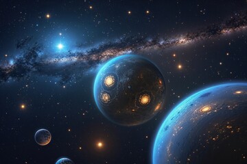 Starlit Panorama of Planets with Craters and Luminous Stars in Deep Space