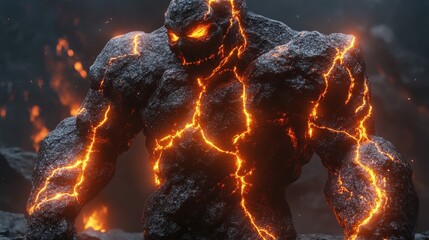 A powerful rocky creature with fiery elements stands menacingly against a backdrop of molten rocks, embodying strength, resilience, and elemental power in its design.