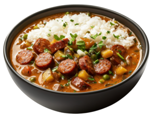 delicious bowl of spicy andouille sausage gumbo with rice and vegetables, showcasing vibrant colors and rich textures. Perfect for hearty meal