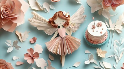 A charming artistic representation of a fairy crafted from paper, surrounded by intricate floral designs and delicate decorations, celebrating creativity and whimsy.