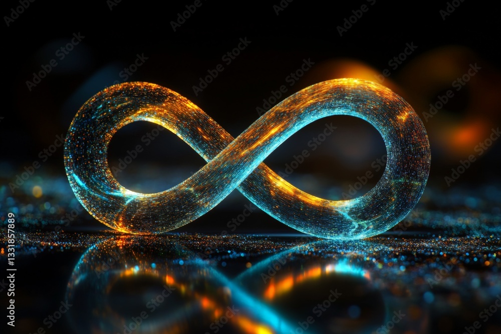 Poster Colorful infinity symbol glows against a dark background with sparkling elements in a captivating display of light