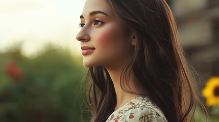 An ethereal profile portrait of a young woman surrounded by a lush garden, radiating beauty and serenity, embodying the connection between humans and nature.