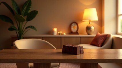 Serene Evening Ambiance Featuring a Delicious Chocolate Treat on a Wooden Table in a Cozy Living Room